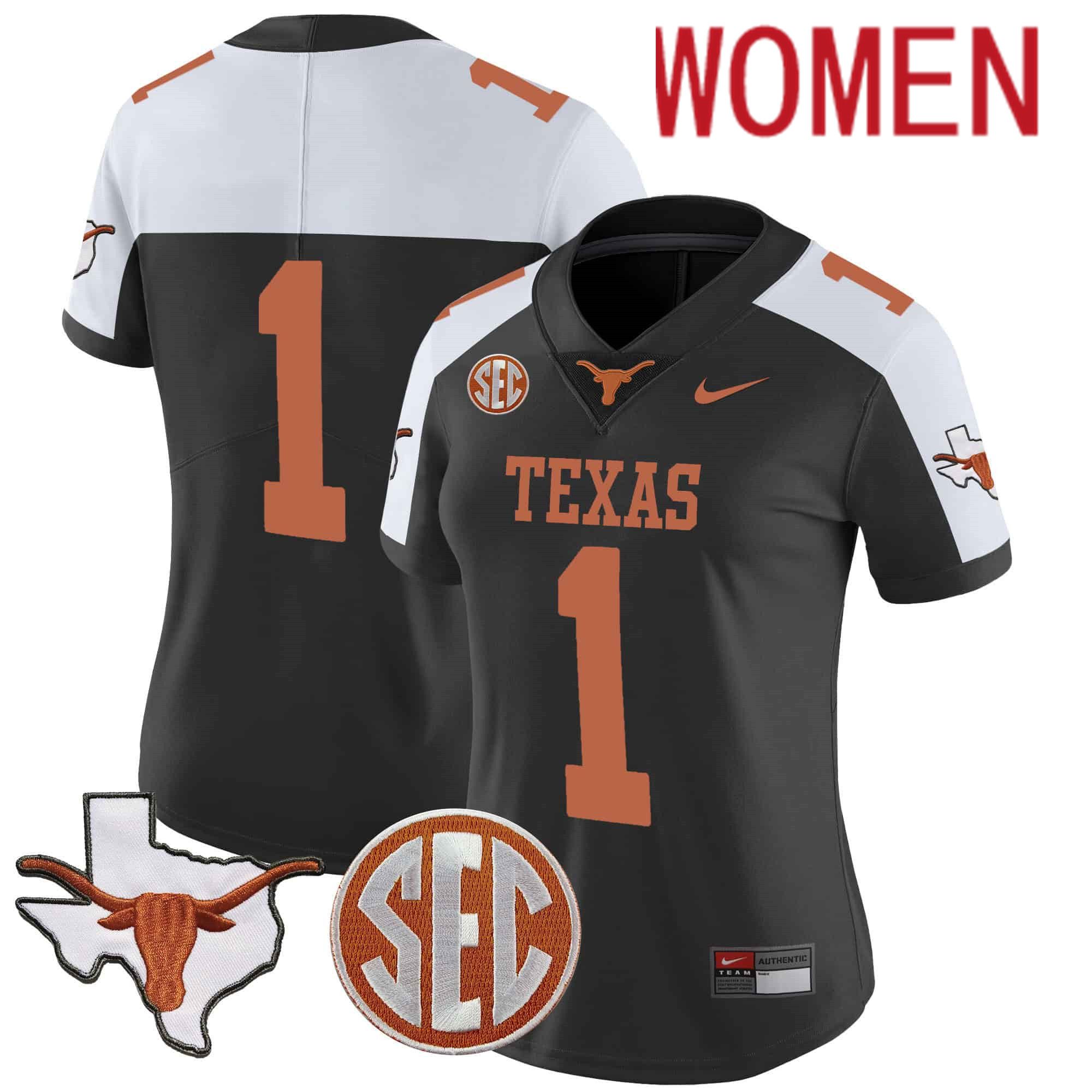 Women Texas Longhorns #1 No Name Black 2024 Nike State Map & SEC Patch Vapor NCAA Jersey